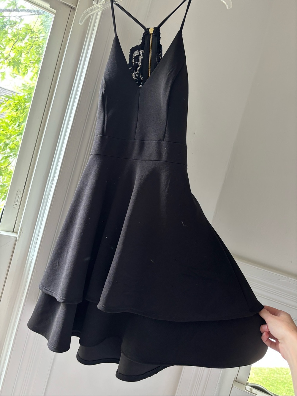 B Darlin Black Spaghetti-Strap Lace-Back Layered Mini Dress